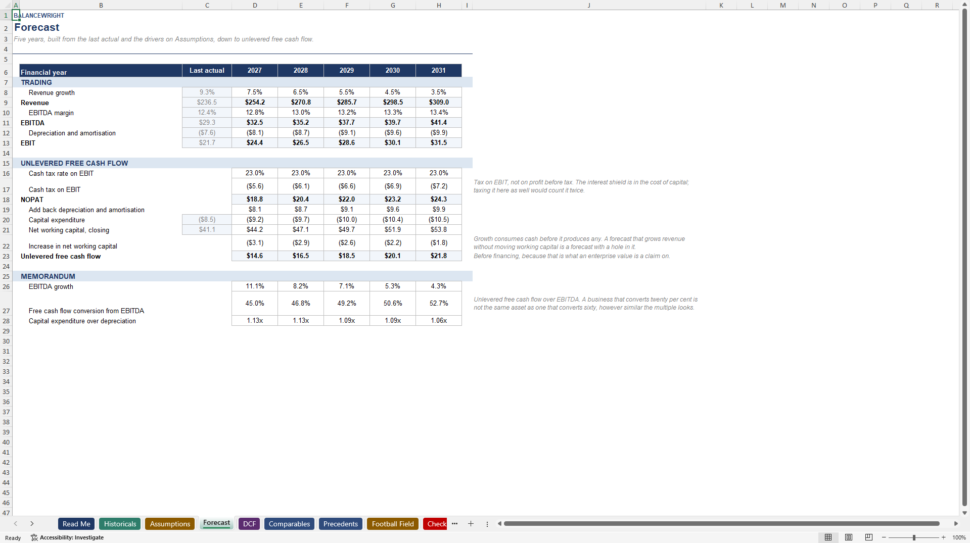 Business Valuation Model: DCF, Comps & Football Field (Excel template (XLSX)) Preview Image