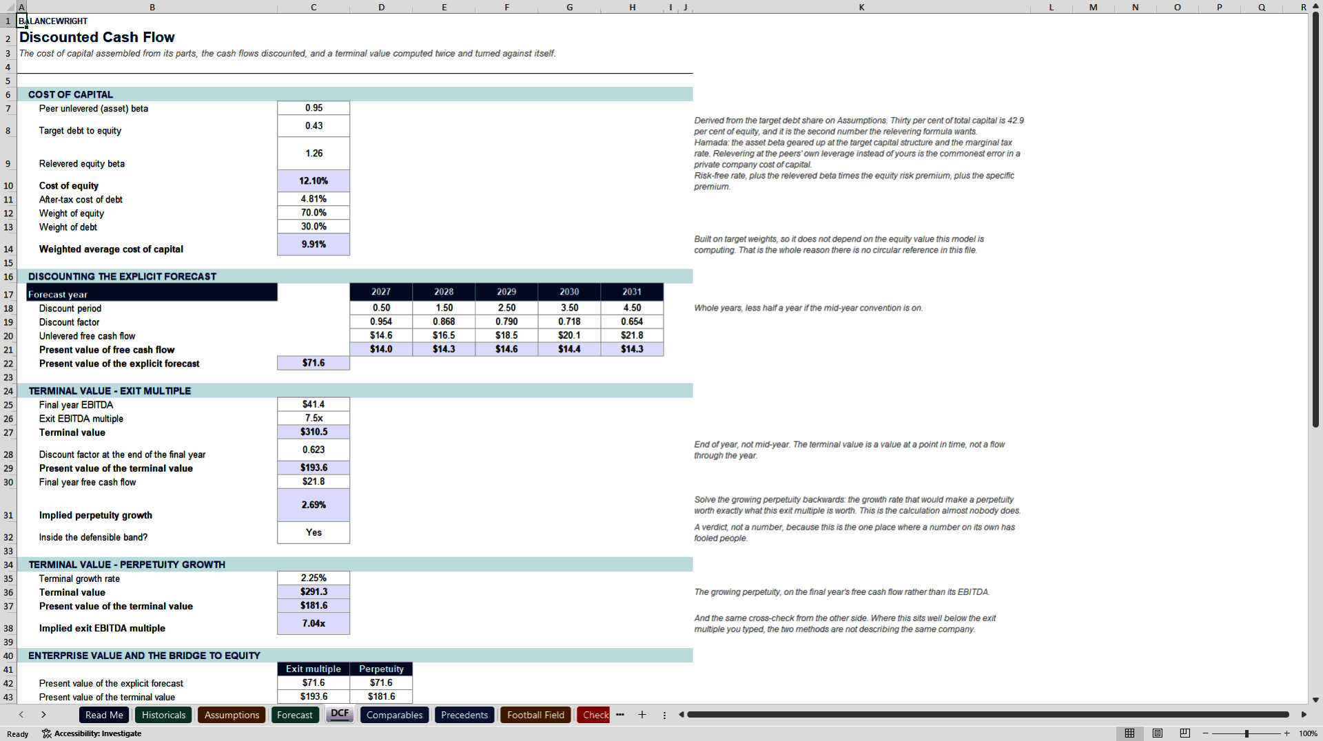 Business Valuation Model: DCF, Comps & Football Field (Excel template (XLSX)) Preview Image