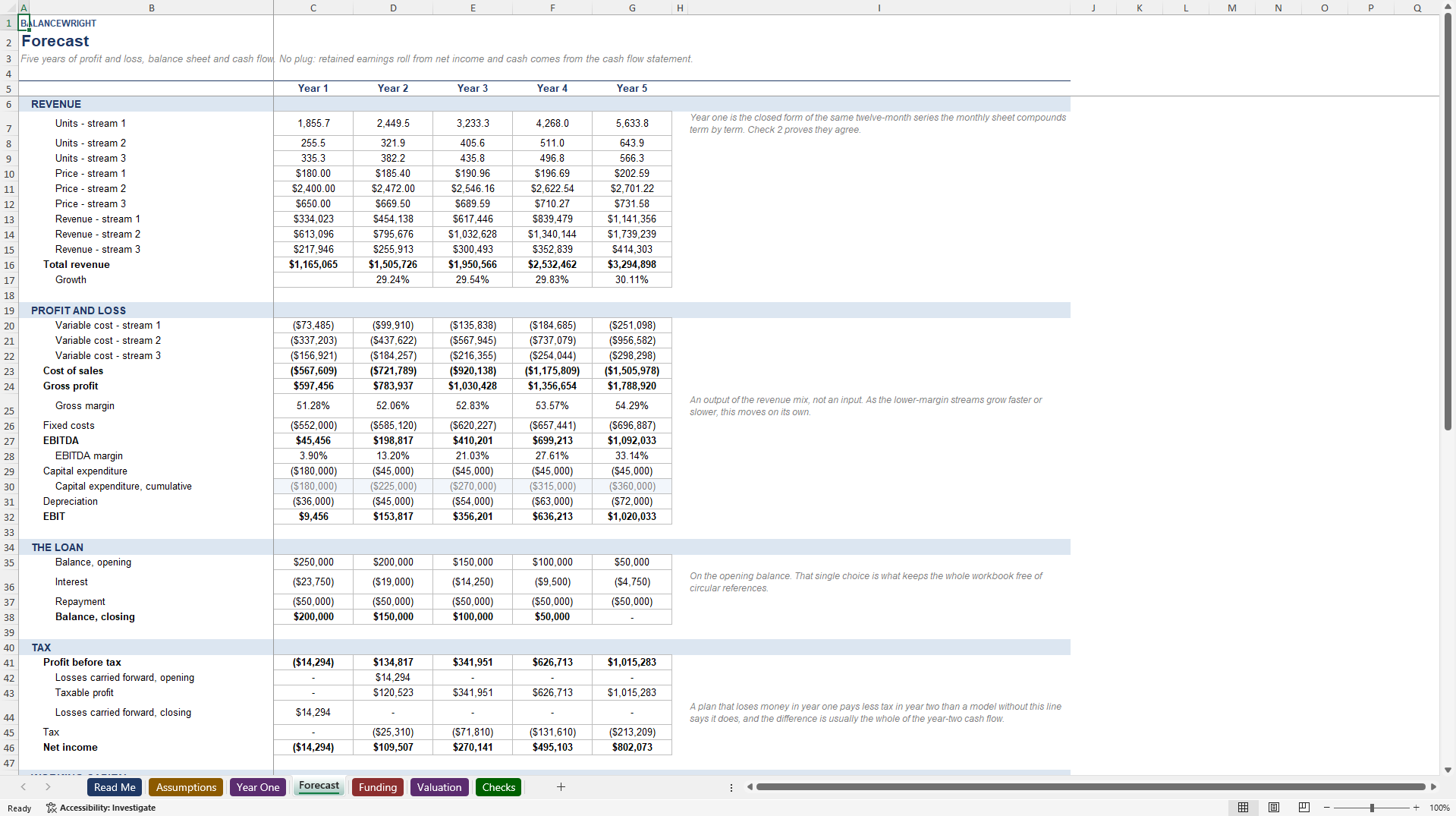 Business Plan Financial Model: 5-Year 3-Statement + Value (Excel template (XLSX)) Preview Image