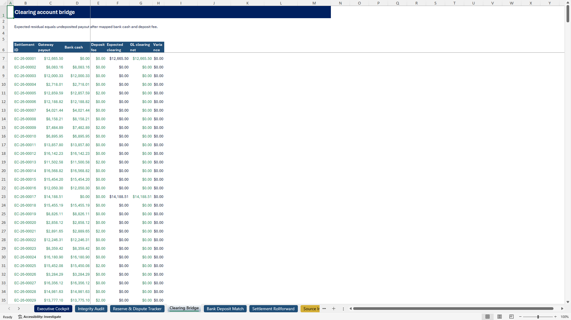 E-Commerce Clearing & Settlement Control Tower (Excel template (XLSX)) Preview Image