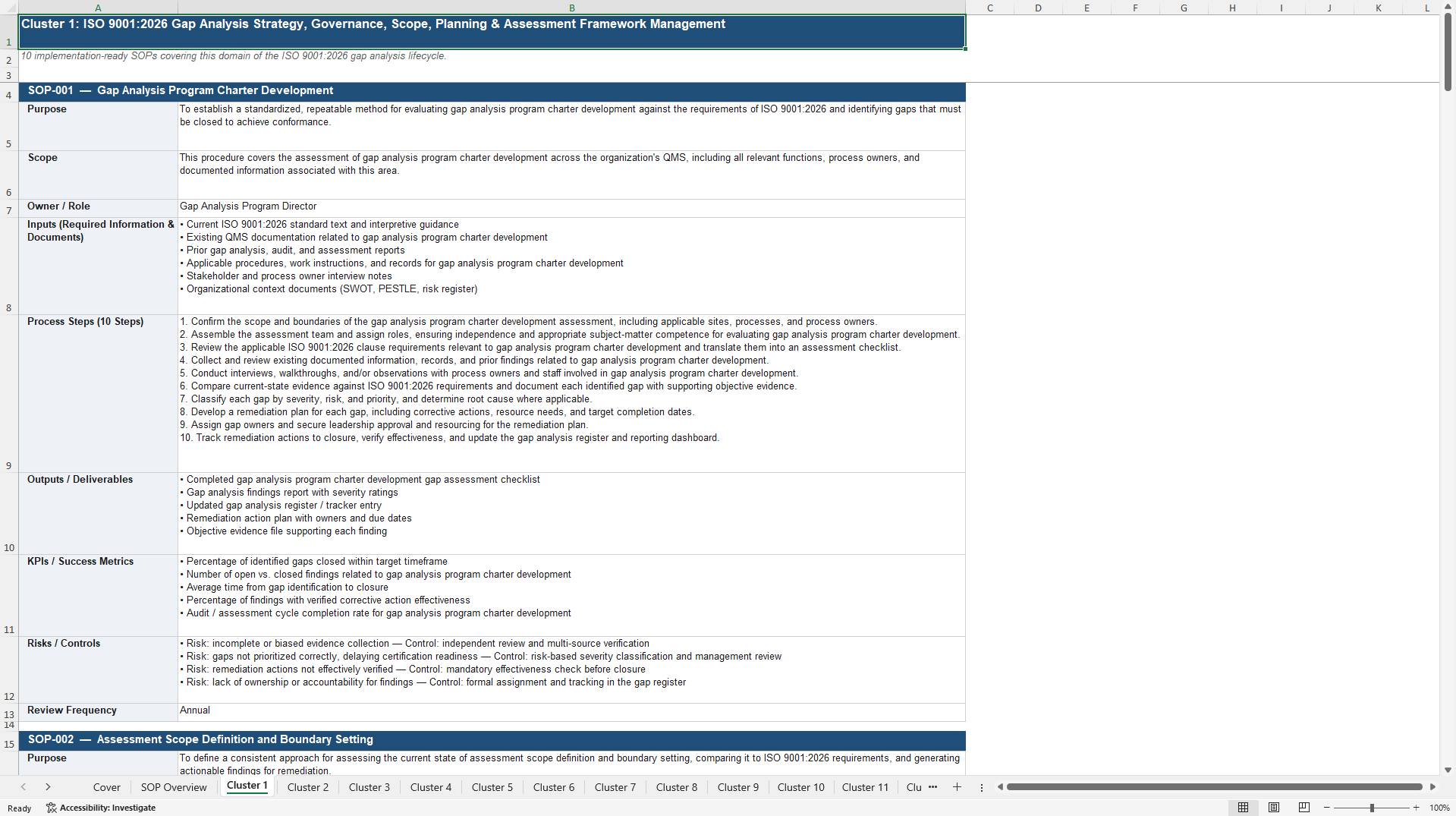100+ ISO 9001:2026 Gap Analysis SOPs (Excel template (XLSX)) Preview Image