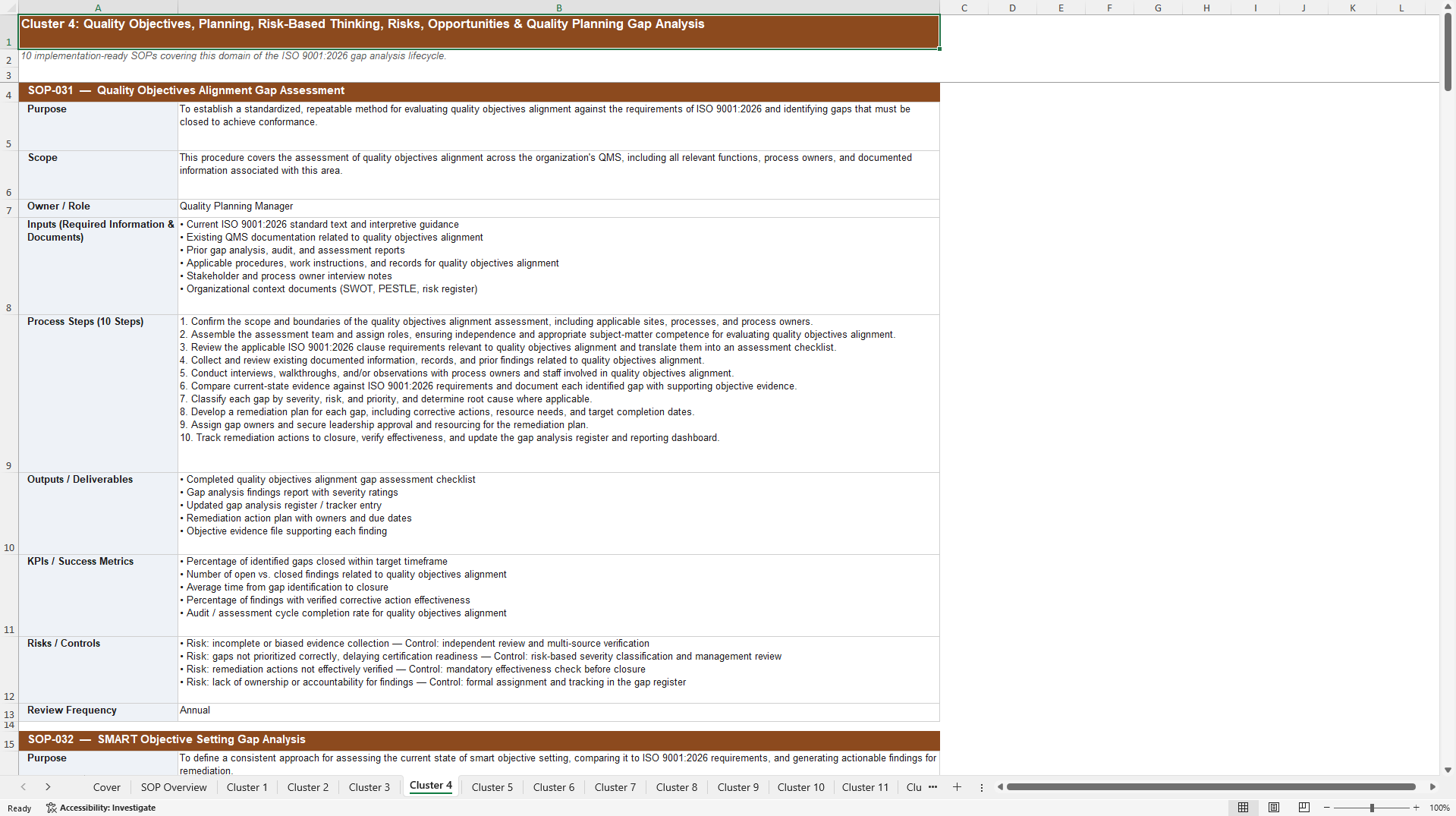 100+ ISO 9001:2026 Gap Analysis SOPs (Excel template (XLSX)) Preview Image