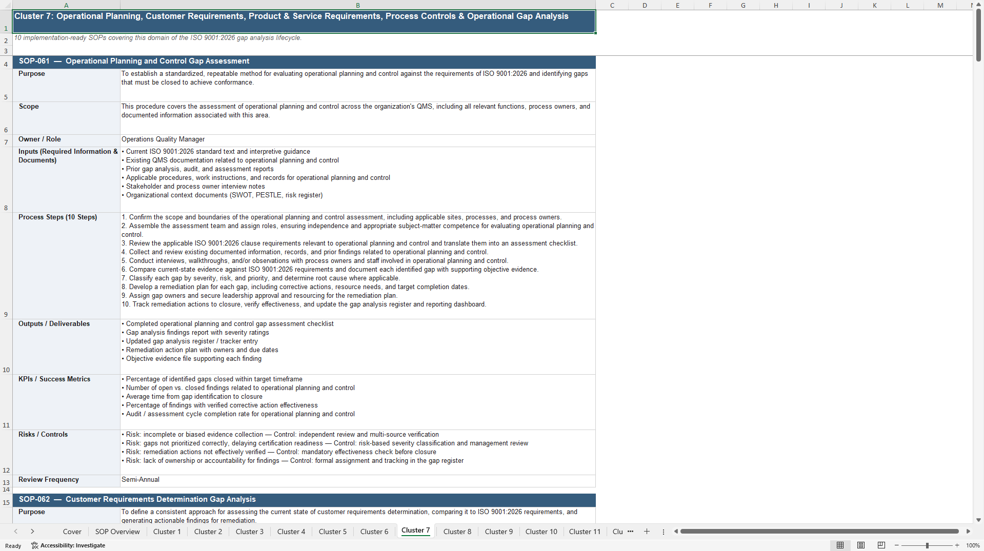 100+ ISO 9001:2026 Gap Analysis SOPs (Excel template (XLSX)) Preview Image