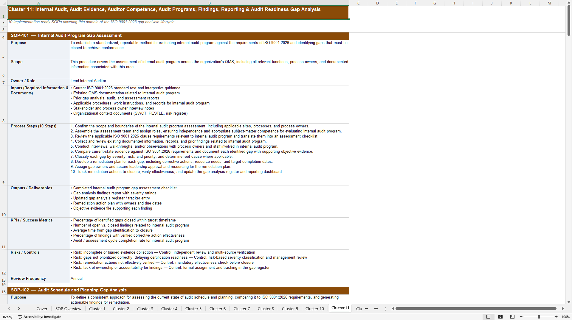 100+ ISO 9001:2026 Gap Analysis SOPs (Excel template (XLSX)) Preview Image
