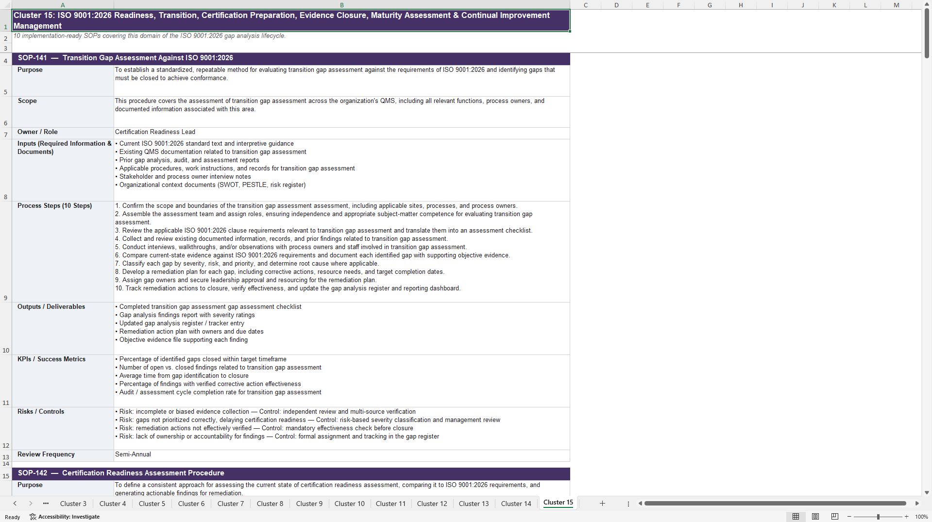 100+ ISO 9001:2026 Gap Analysis SOPs (Excel template (XLSX)) Preview Image