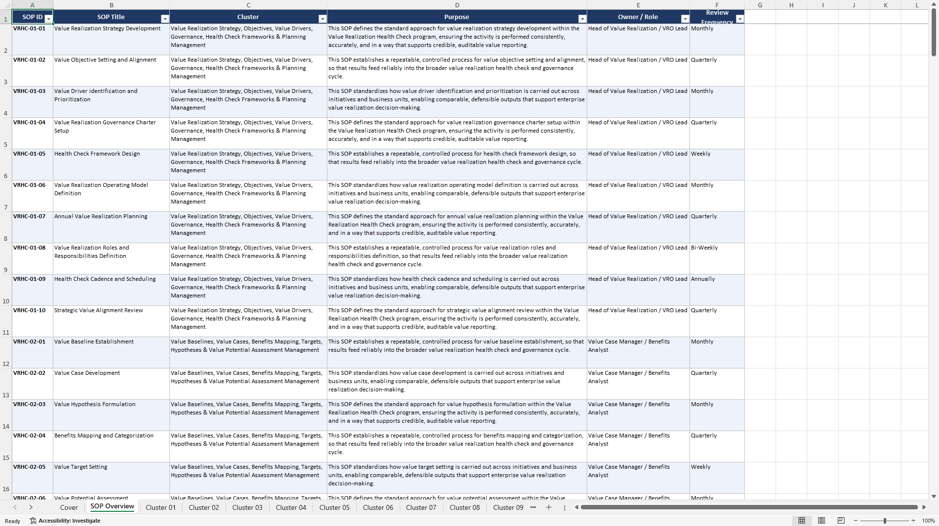 100+ Value Realization Health Check SOPs (Excel template (XLSX)) Preview Image
