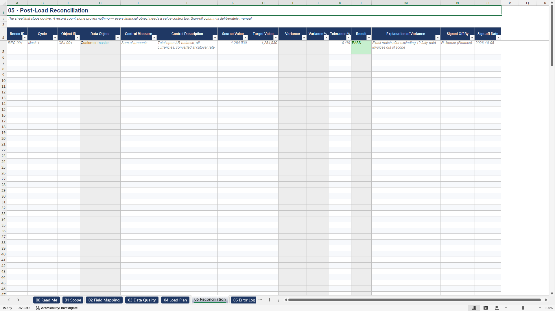 ERP Data Migration, Reconciliation, and Cutover Toolkit (Excel template (XLSX)) Preview Image