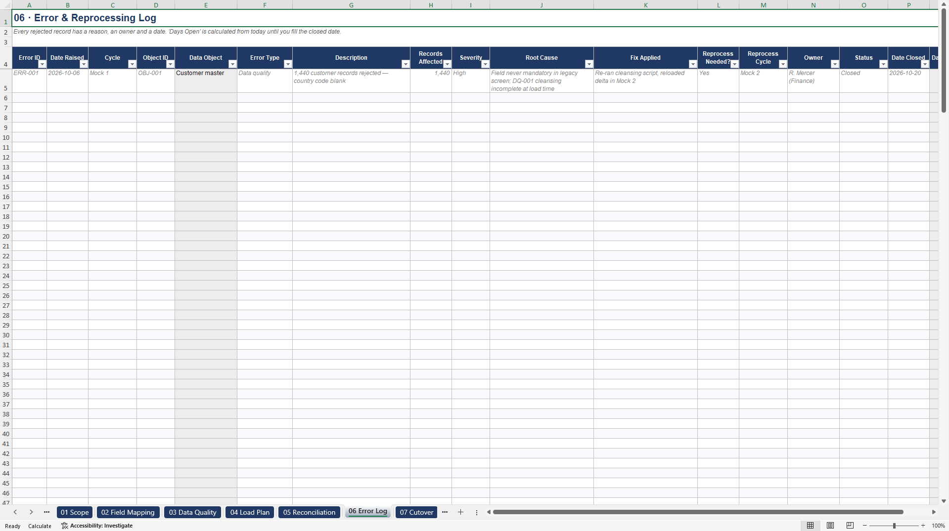 ERP Data Migration, Reconciliation, and Cutover Toolkit (Excel template (XLSX)) Preview Image