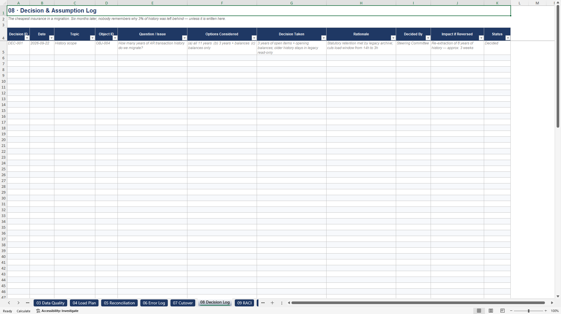 ERP Data Migration, Reconciliation, and Cutover Toolkit (Excel template (XLSX)) Preview Image