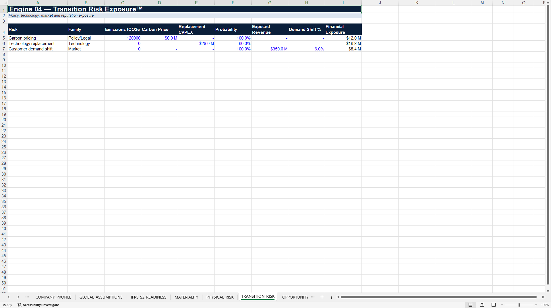 IFRS S2 Climate Financial Impact & Readiness Decision Model™ (Excel template (XLSX)) Preview Image