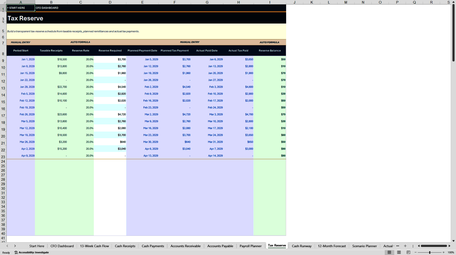 13-Week Cash Flow Forecast & CFO Dashboard (Excel template (XLSX)) Preview Image