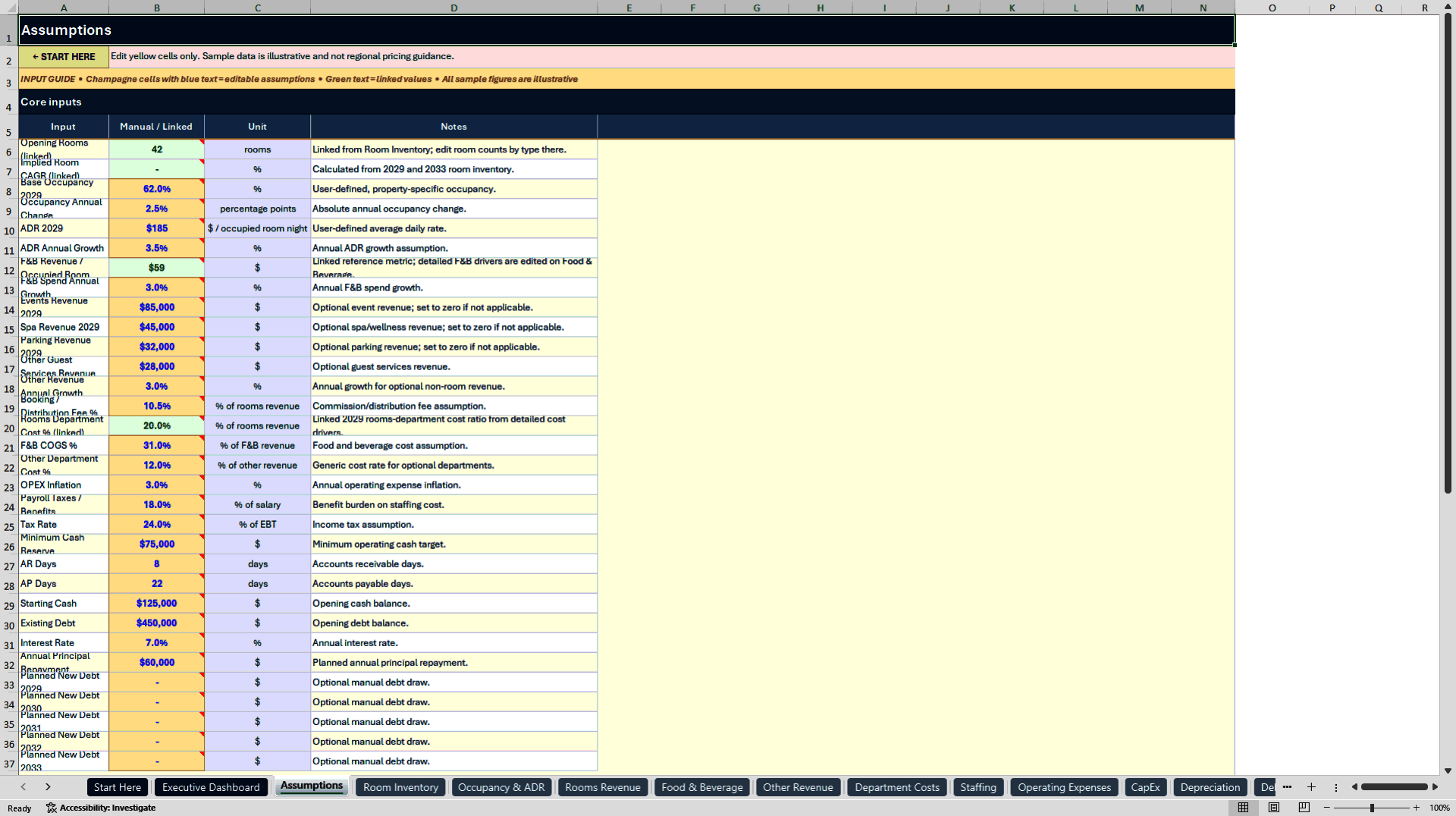Hotel Financial Model - 5-Year Three-Statement Forecast (Excel template (XLSX)) Preview Image
