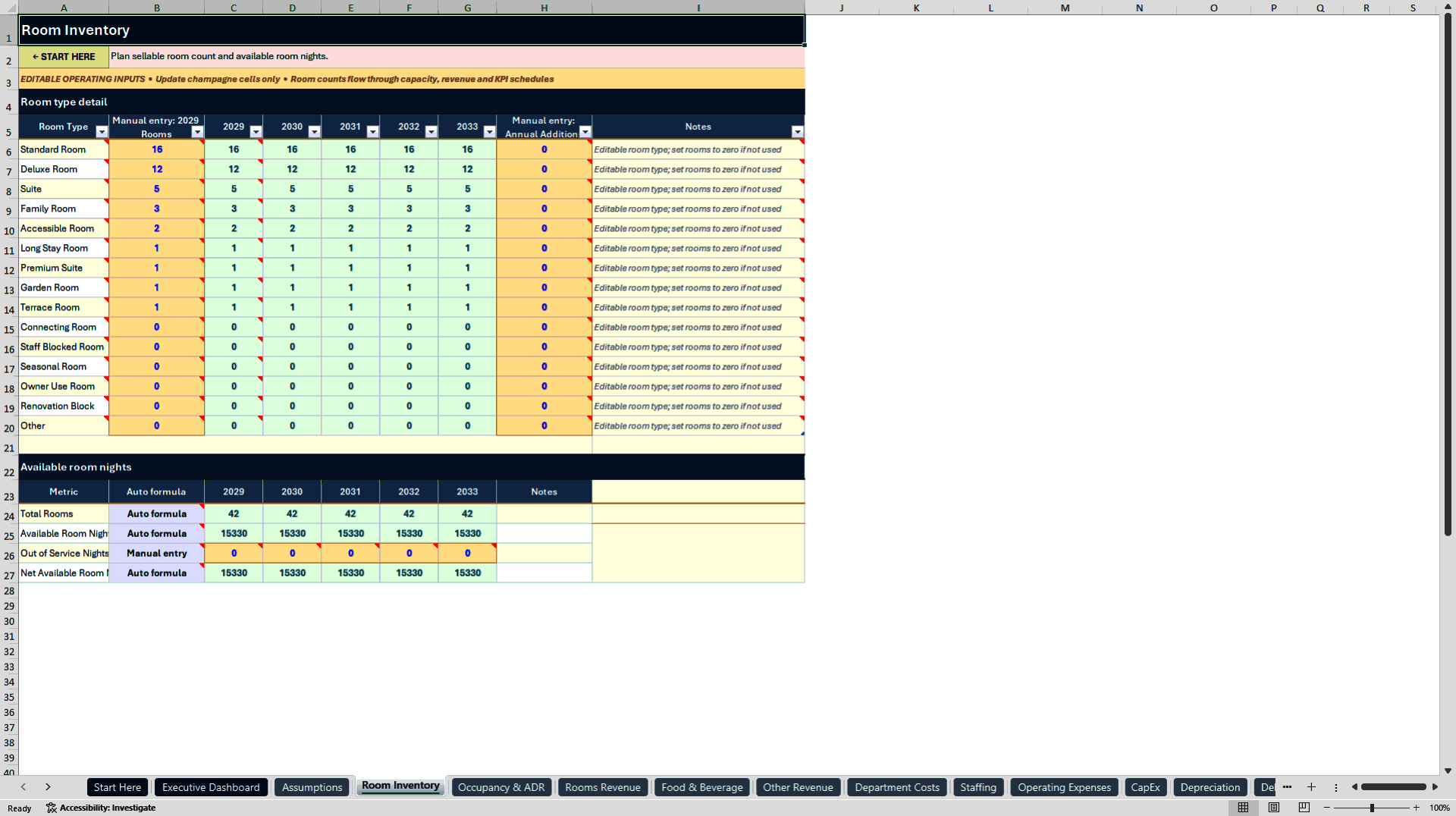 Hotel Financial Model - 5-Year Three-Statement Forecast (Excel template (XLSX)) Preview Image
