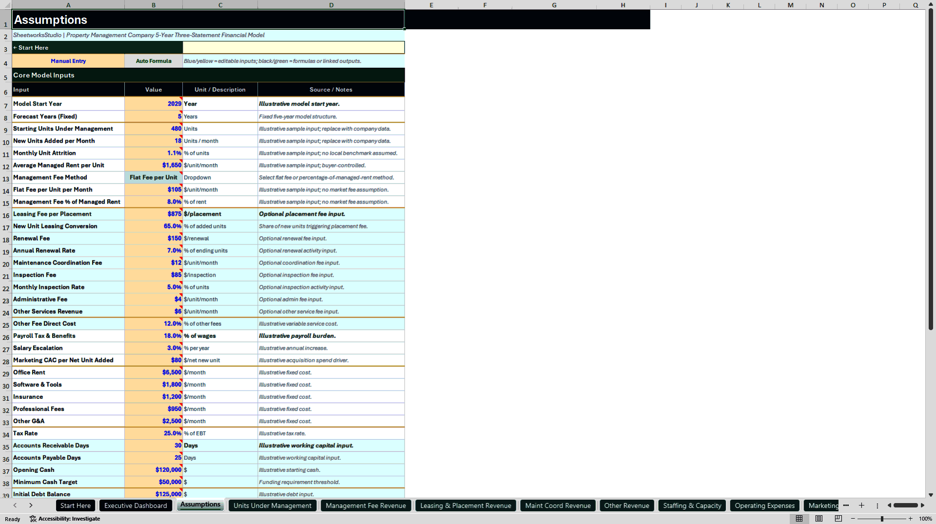 Property Management Financial Model - 5-Year Forecast (Excel template (XLSX)) Preview Image