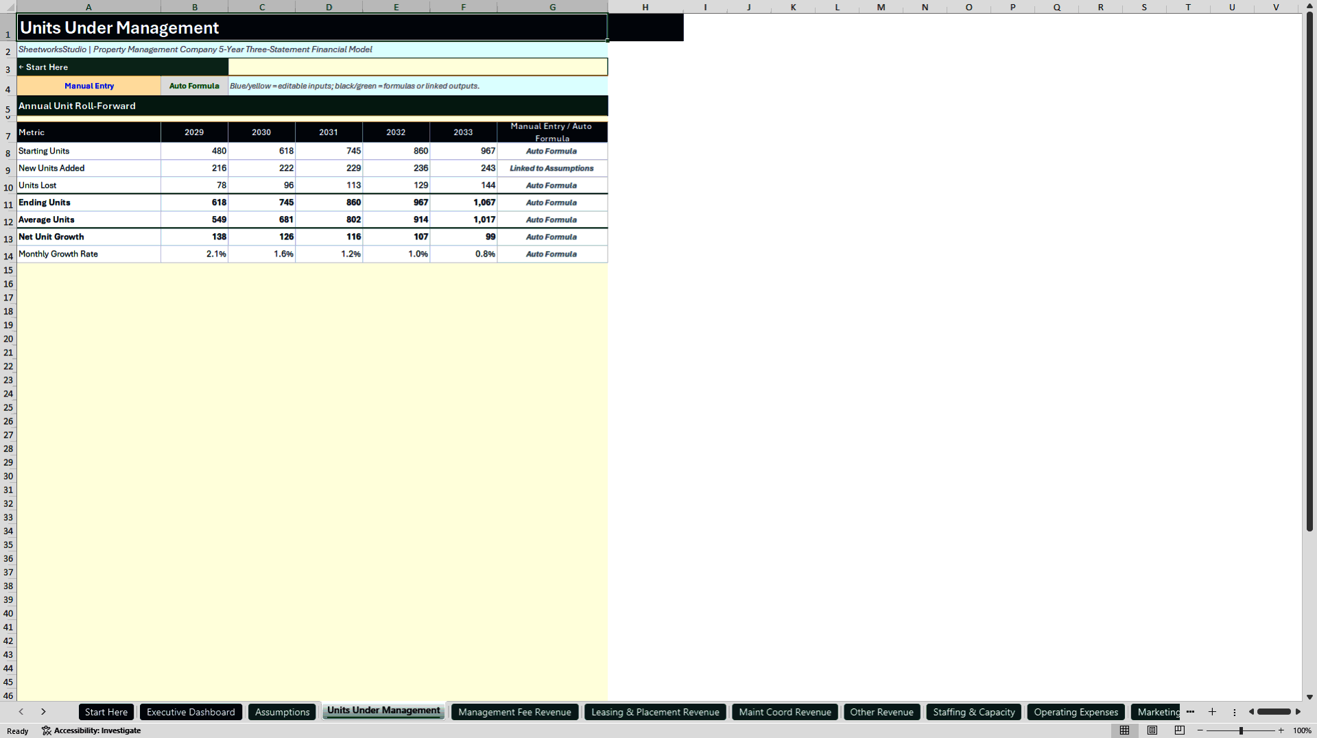 Property Management Financial Model - 5-Year Forecast (Excel template (XLSX)) Preview Image