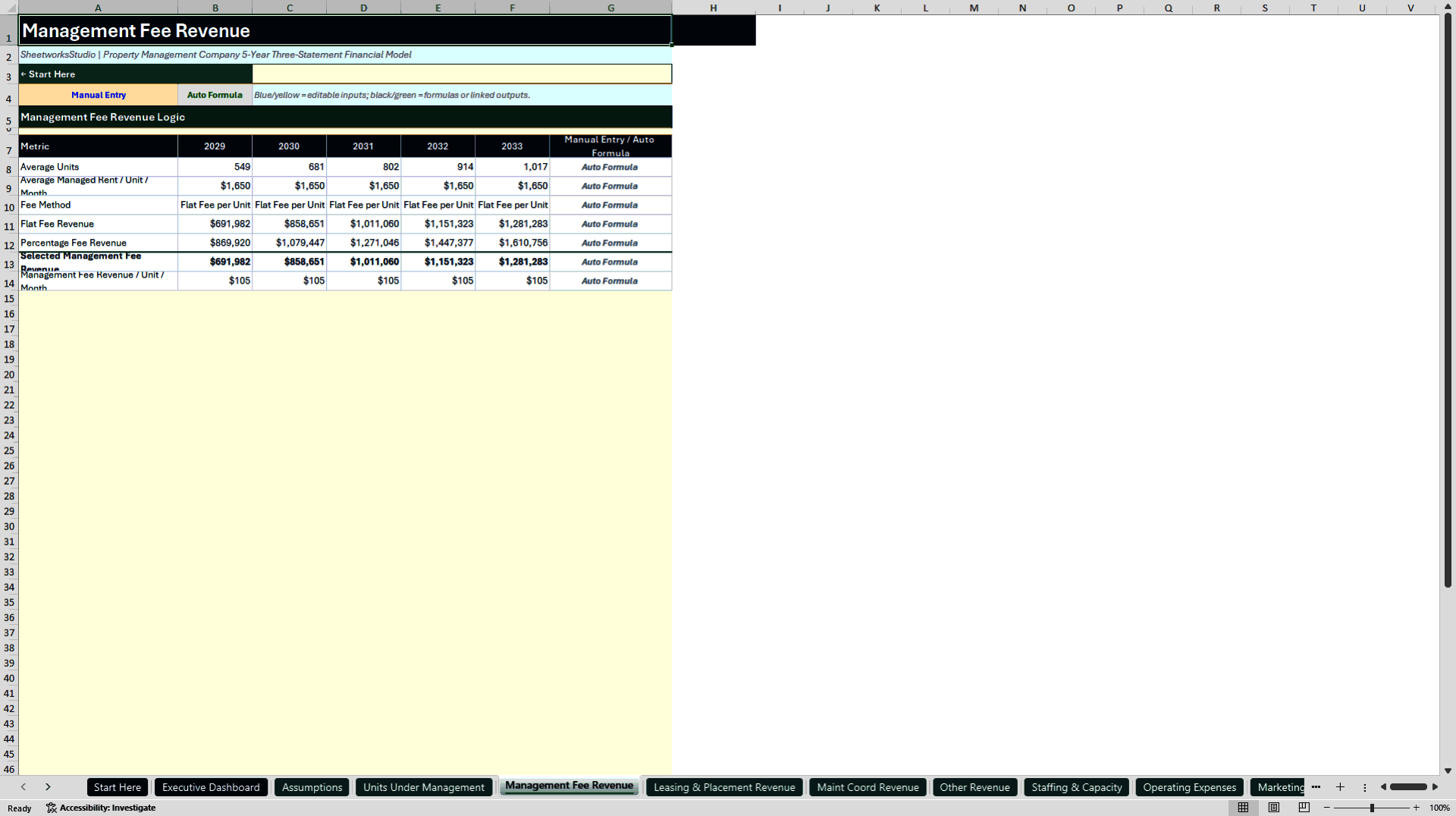 Property Management Financial Model - 5-Year Forecast (Excel template (XLSX)) Preview Image