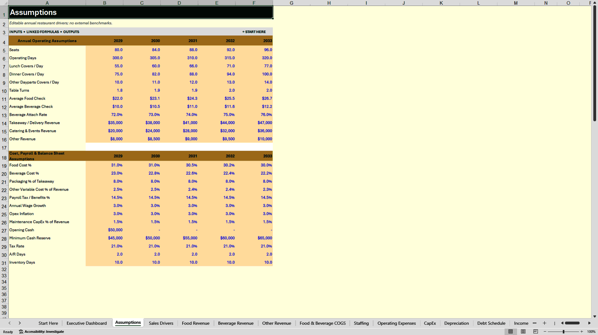 Restaurant Financial Model - 5-Year Forecast & Dashboard (Excel template (XLSX)) Preview Image