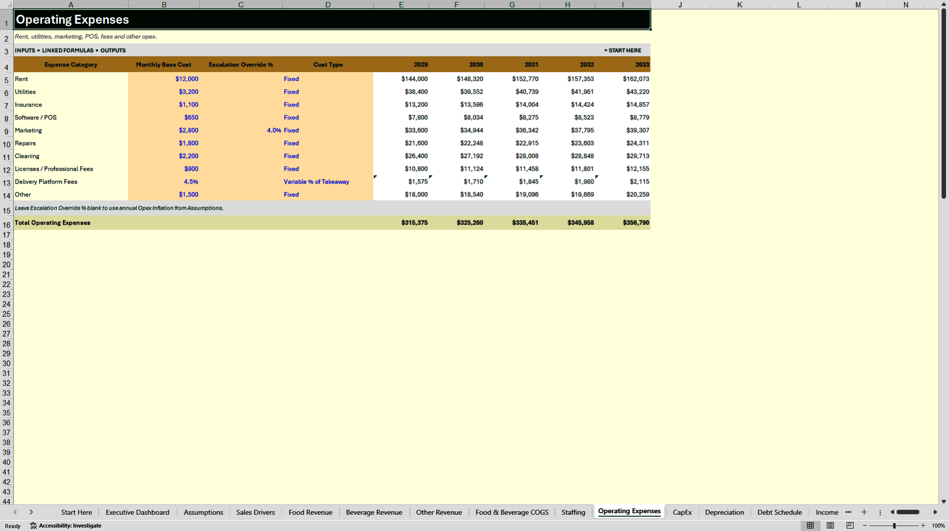 Restaurant Financial Model - 5-Year Forecast & Dashboard (Excel template (XLSX)) Preview Image