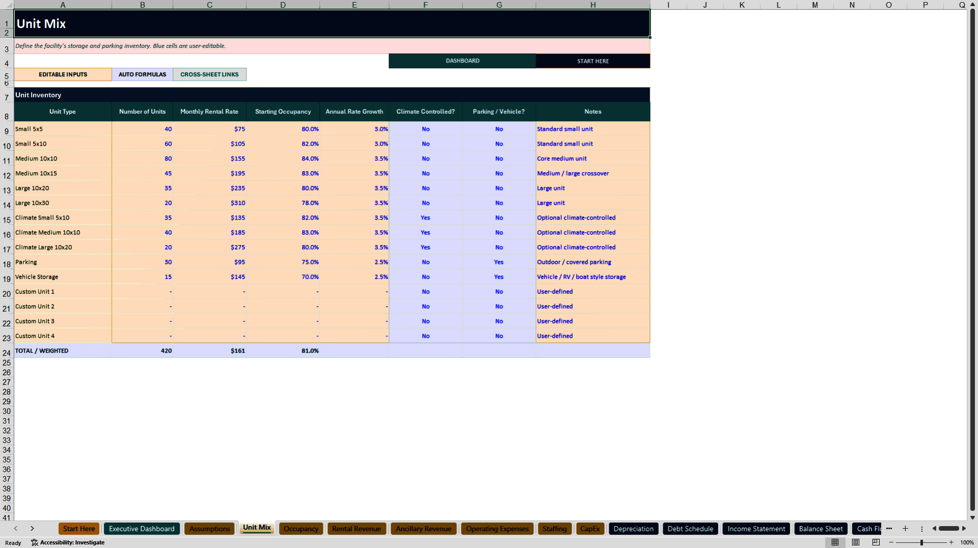 Self Storage Financial Model - 5-Year Forecast (Excel template (XLSX)) Preview Image