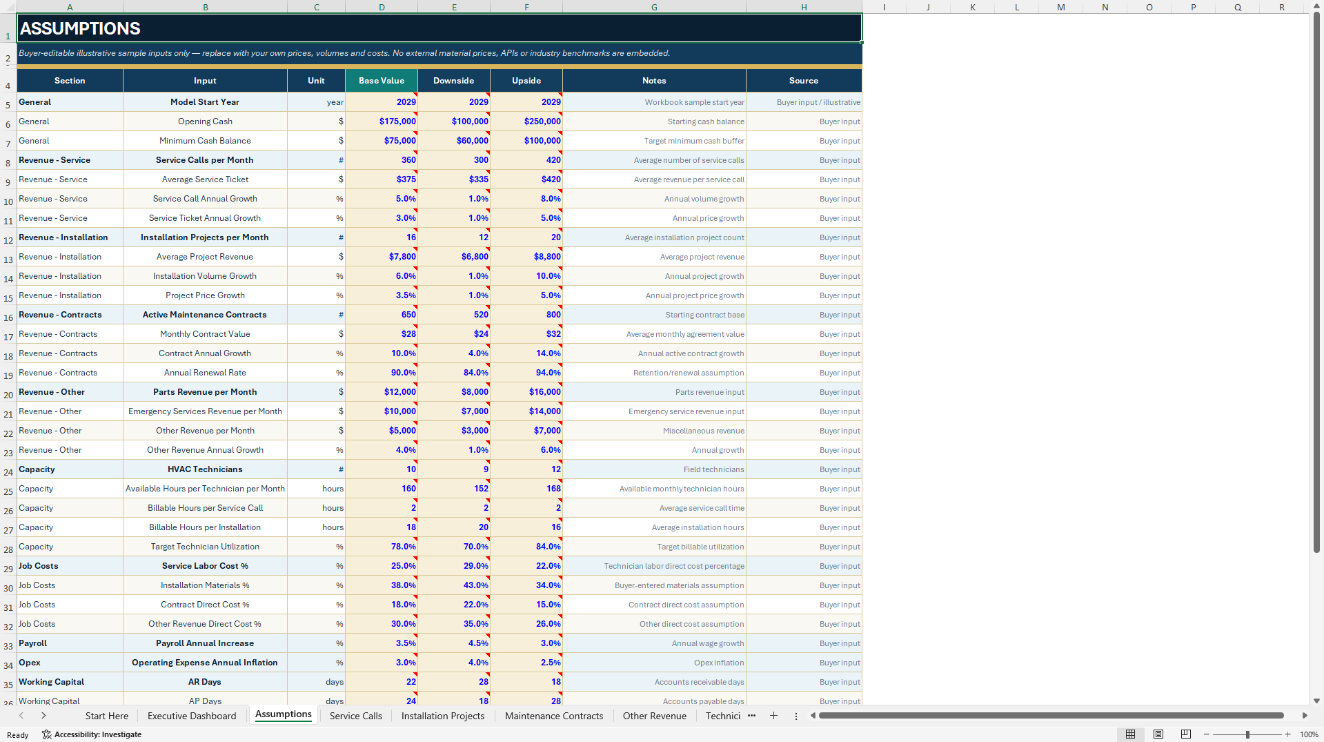 HVAC Contractor Financial Model - 5-Year Forecast (Excel template (XLSX)) Preview Image