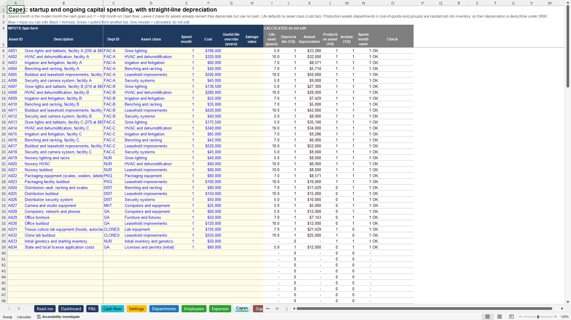 Vertically Integrated Cannabis Operations Model (Excel template (XLSX)) Preview Image