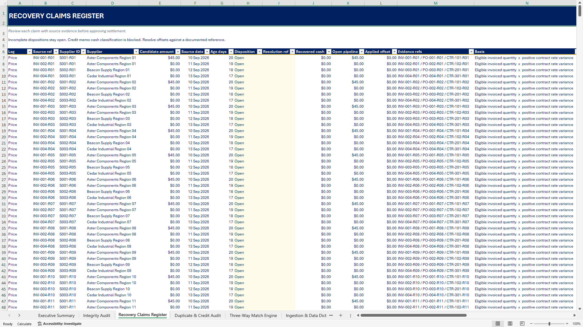 Supplier Contract & Invoice Leakage Control Tower (Excel template (XLSX)) Preview Image