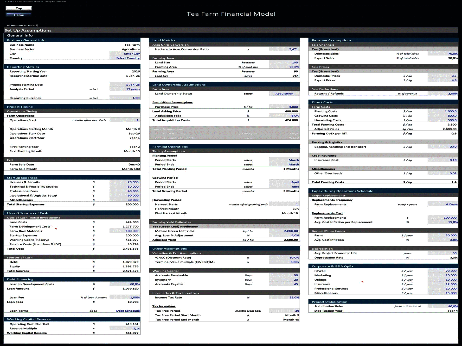 Tea Farm - 15 Year Financial Model (Excel template (XLSX)) Preview Image