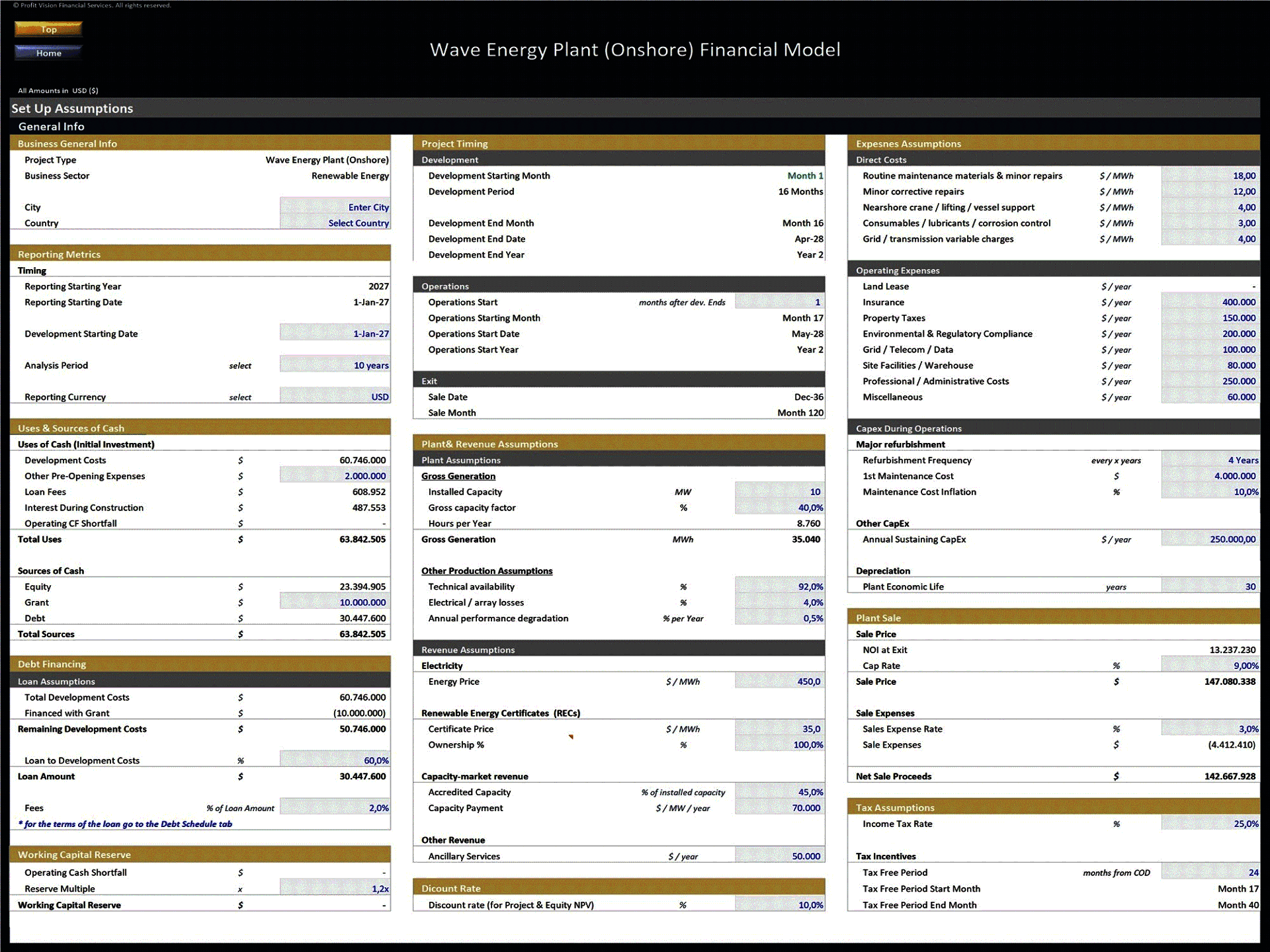 Wave Energy Plant - 10 Year Financial Model (Excel template (XLSX)) Preview Image