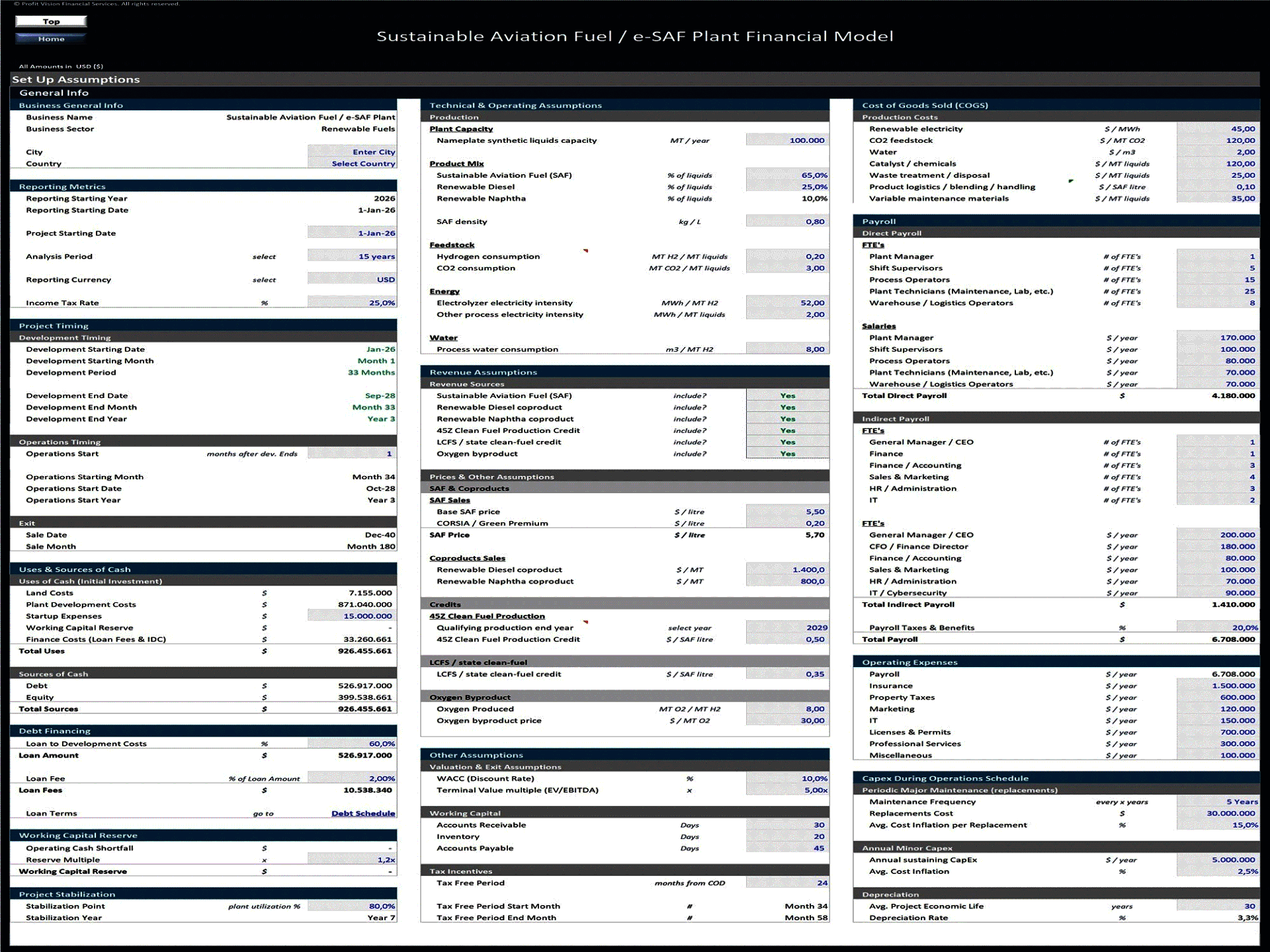 Sustainable Aviation Fuel Plant - 15 Year Financial Model (Excel template (XLSX)) Preview Image