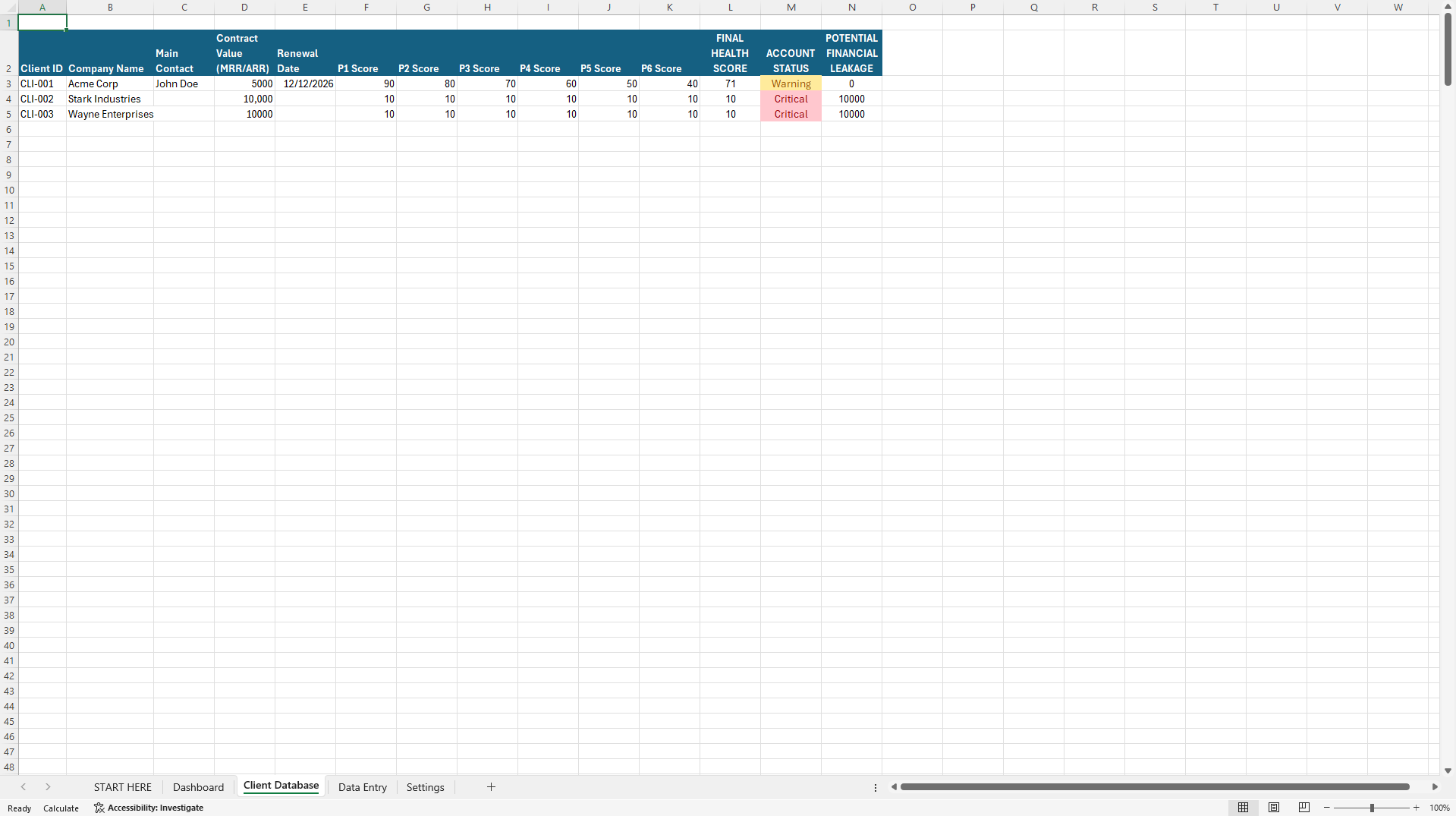 B2B Client Health Score Engine (Excel template (XLSX)) Preview Image