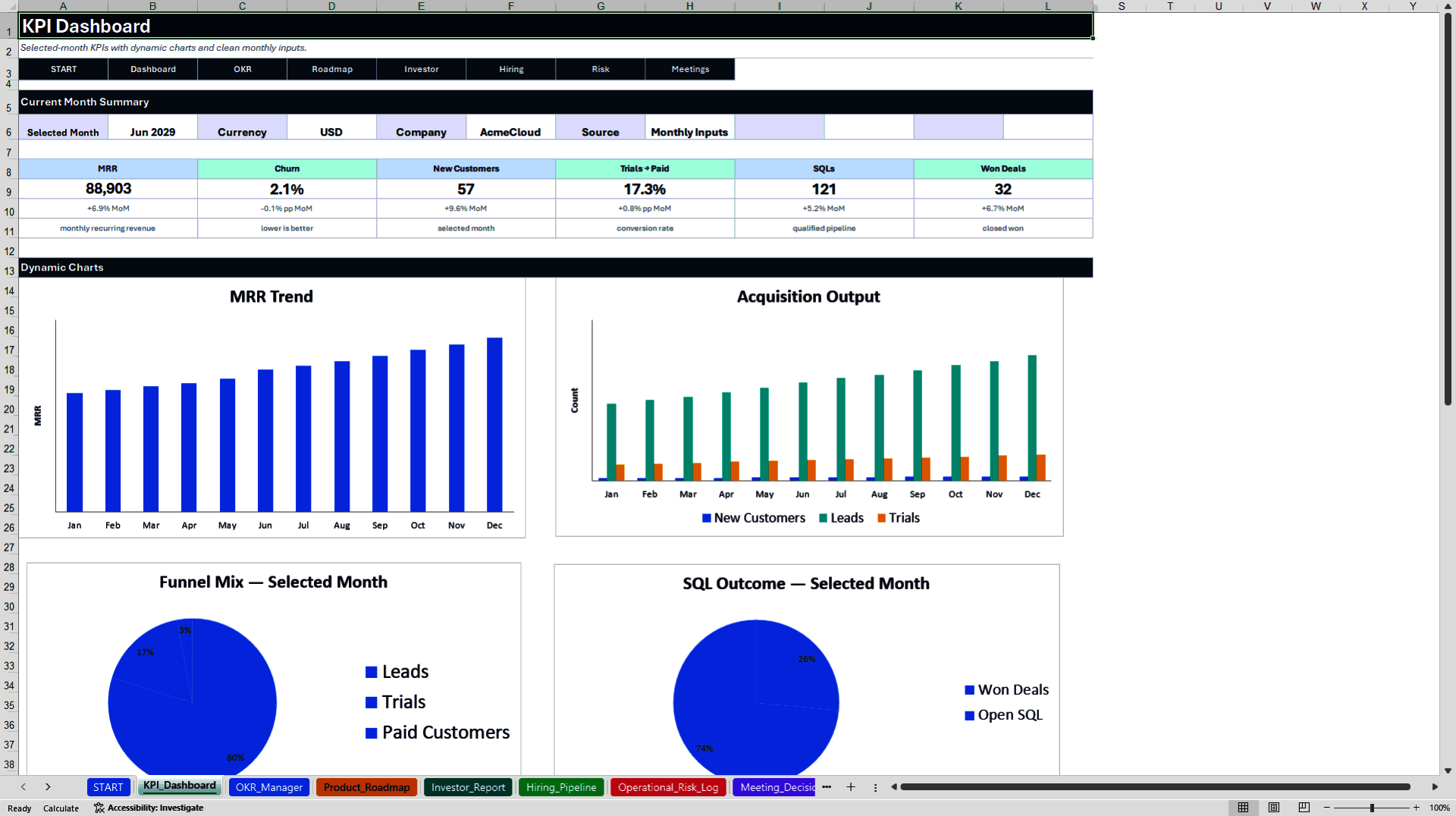 Startup Operations Suite - OKR, KPI & Roadmap (Excel template (XLSX)) Preview Image