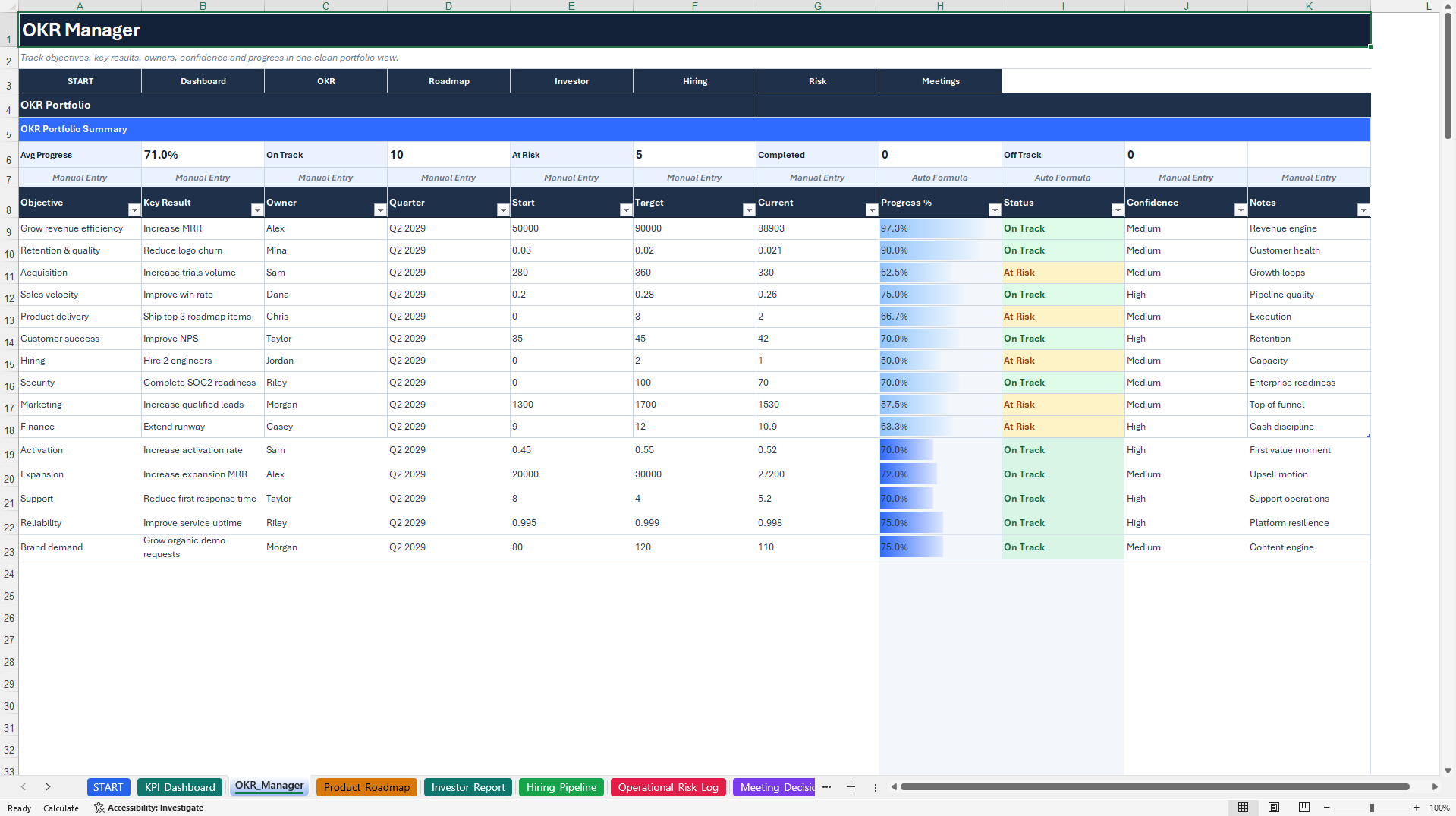 Startup Operations Suite - OKR, KPI & Roadmap (Excel template (XLSX)) Preview Image