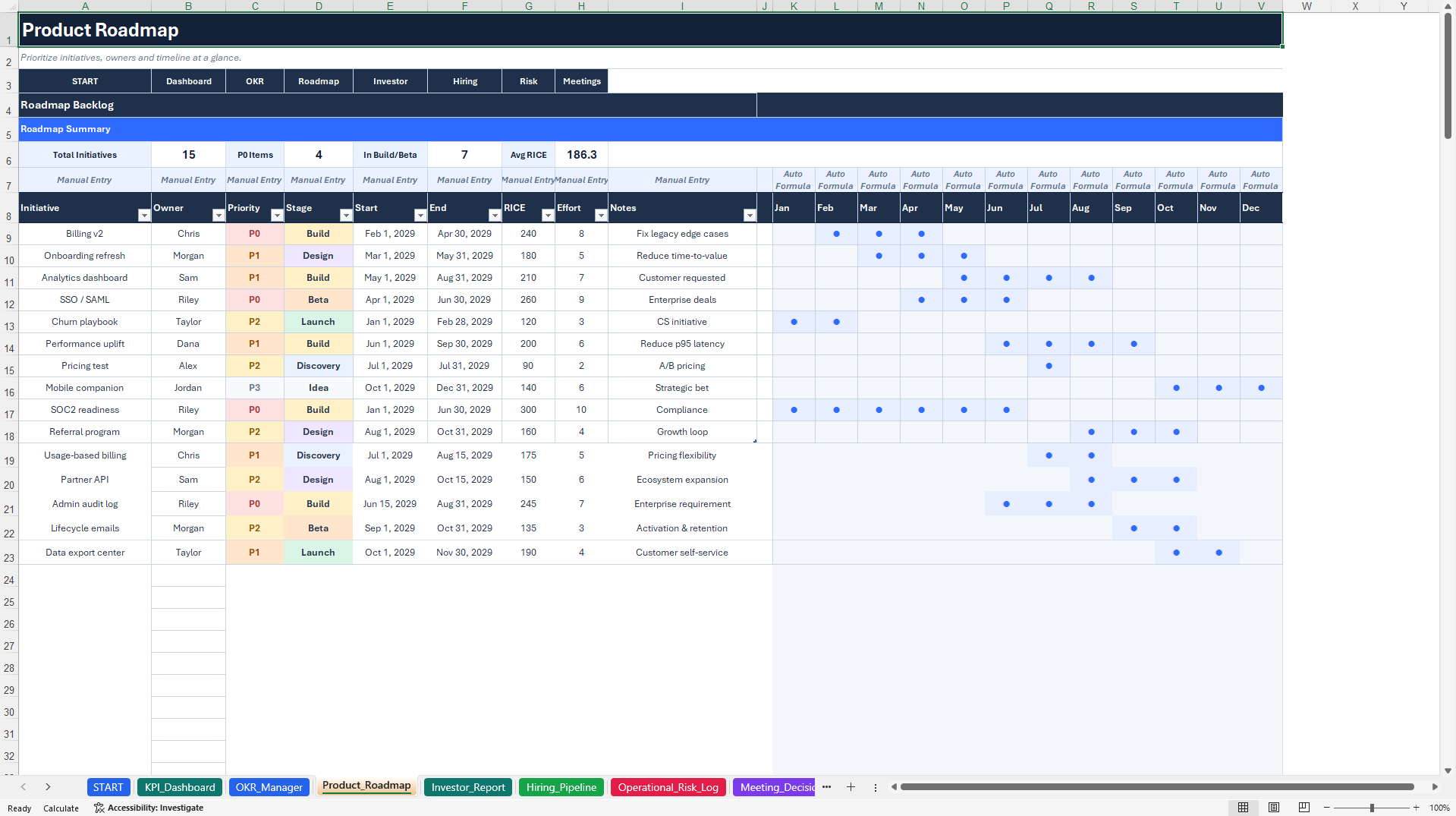 Startup Operations Suite - OKR, KPI & Roadmap (Excel template (XLSX)) Preview Image