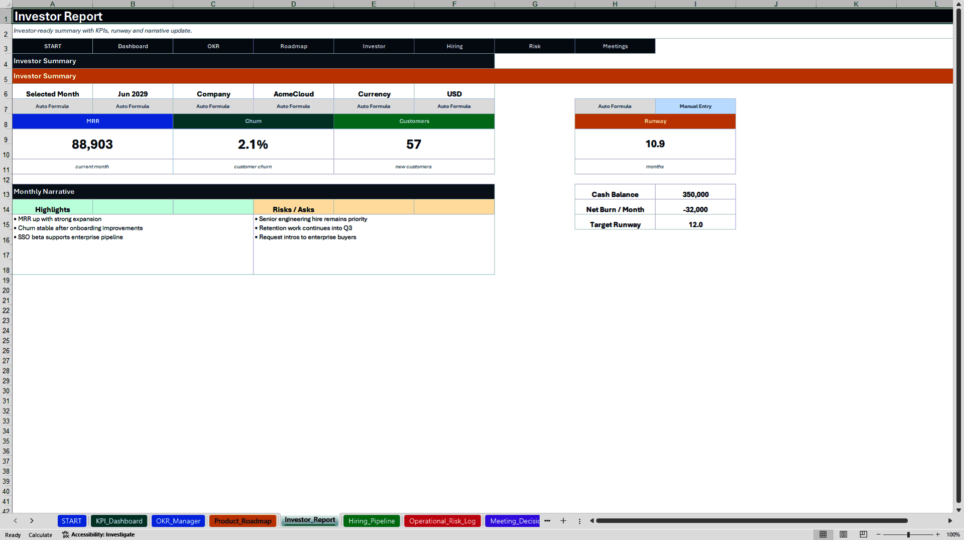 Startup Operations Suite - OKR, KPI & Roadmap (Excel template (XLSX)) Preview Image
