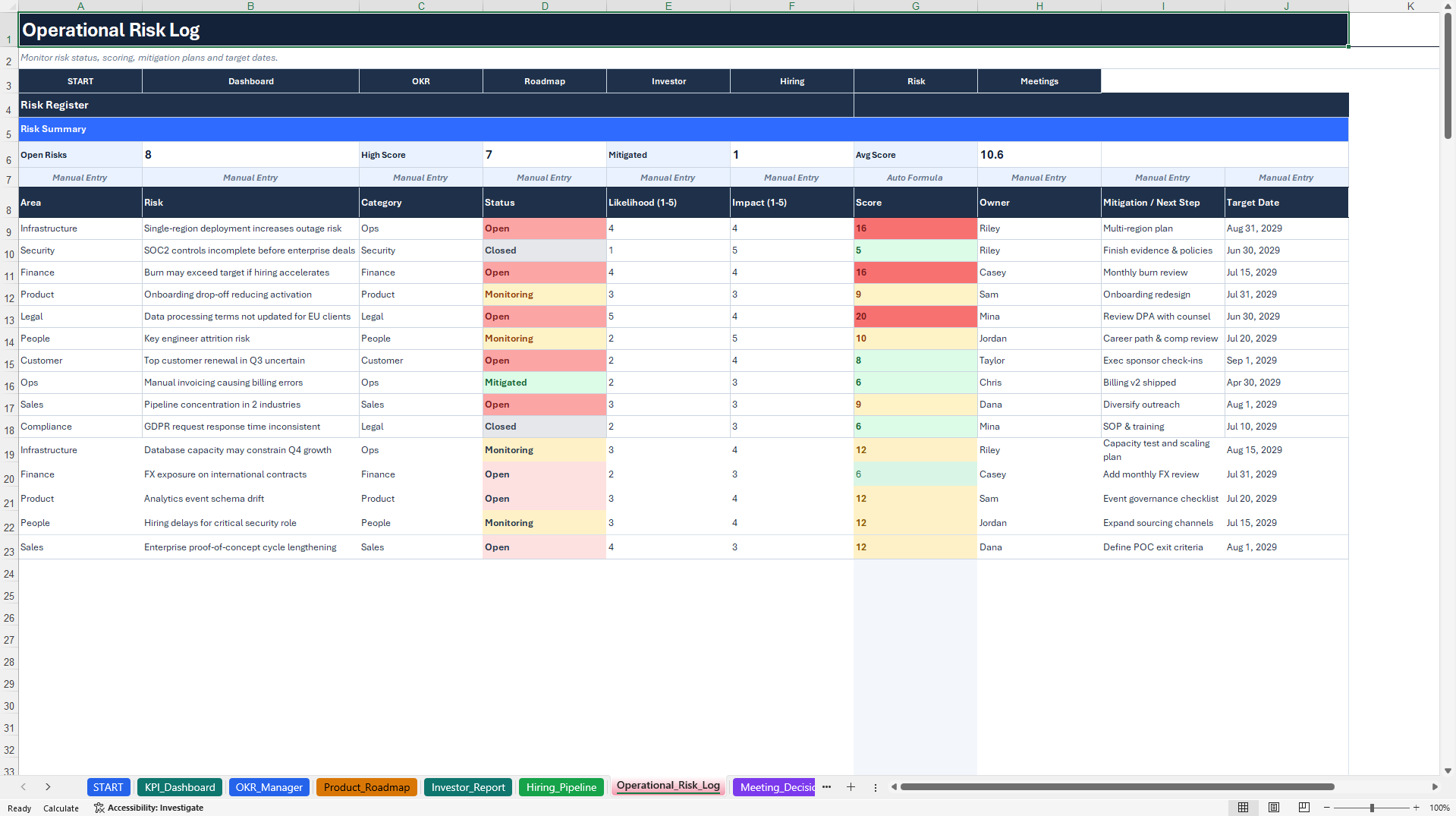 Startup Operations Suite - OKR, KPI & Roadmap (Excel template (XLSX)) Preview Image