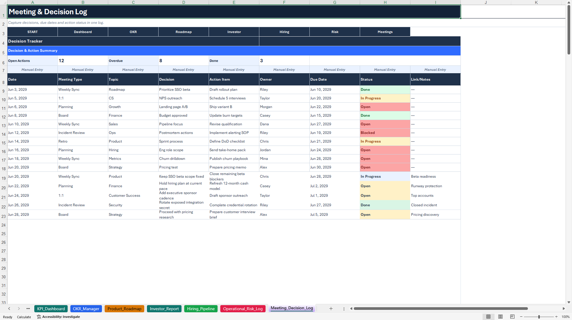 Startup Operations Suite - OKR, KPI & Roadmap (Excel template (XLSX)) Preview Image