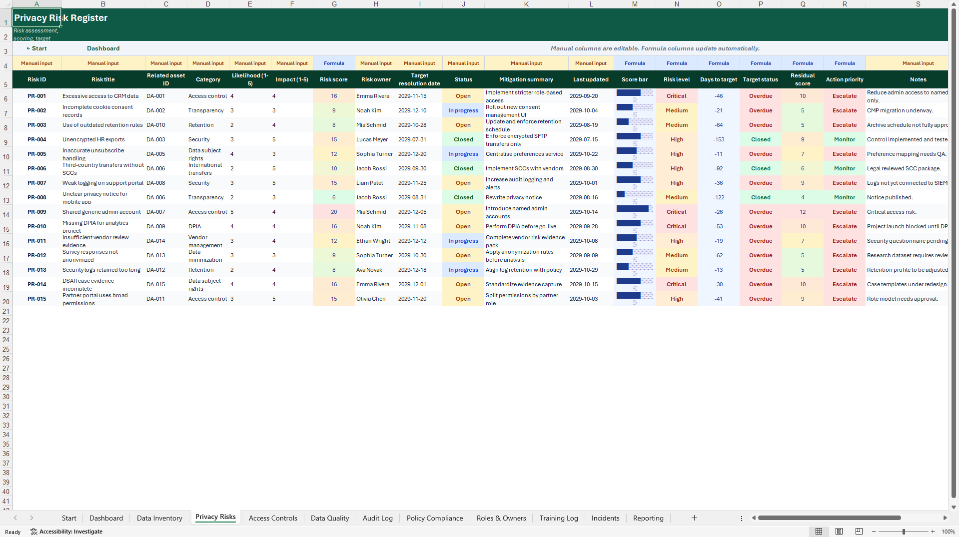 Data Governance & Privacy Compliance Management System (Excel template (XLSX)) Preview Image