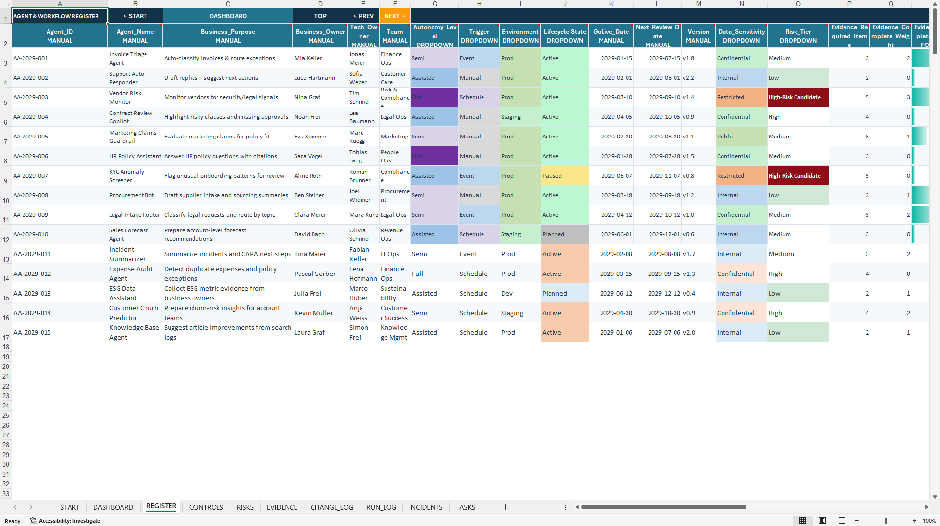Agentic AI Governance & Autonomous Workflow System (Excel template (XLSX)) Preview Image