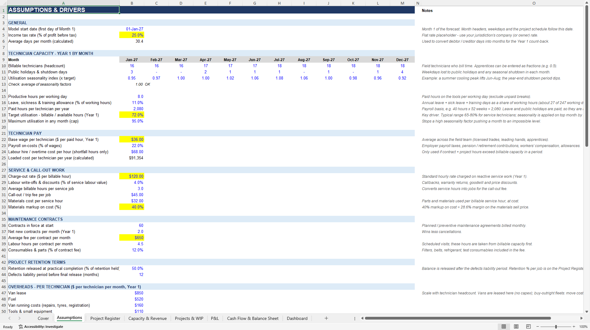 Electrical & HVAC Contractor Model: Job Margins, WIP, 3-Year (Excel template (XLSX)) Preview Image