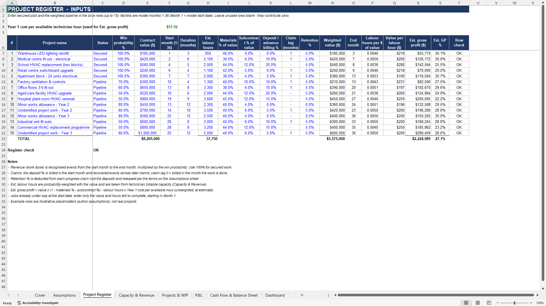 Electrical & HVAC Contractor Model: Job Margins, WIP, 3-Year (Excel template (XLSX)) Preview Image