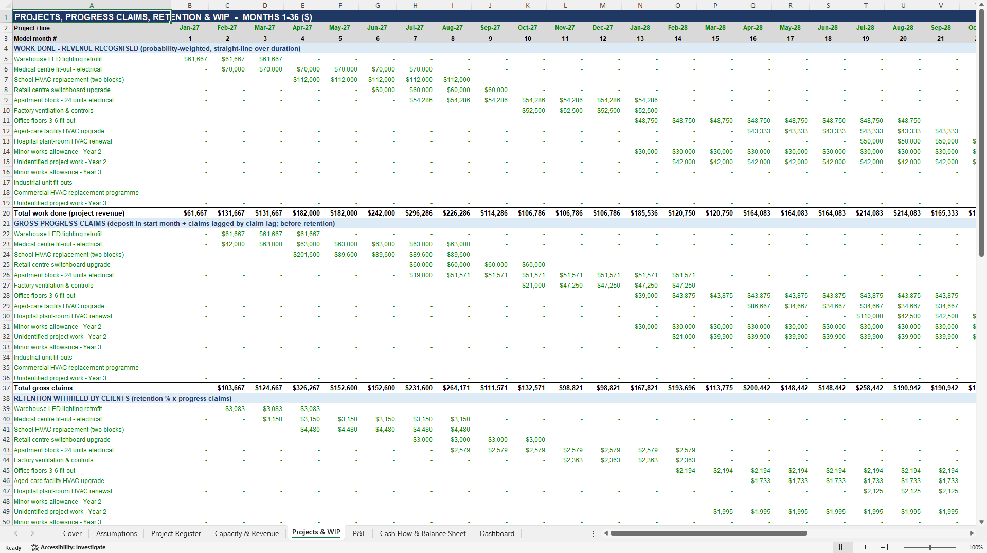 Electrical & HVAC Contractor Model: Job Margins, WIP, 3-Year (Excel template (XLSX)) Preview Image