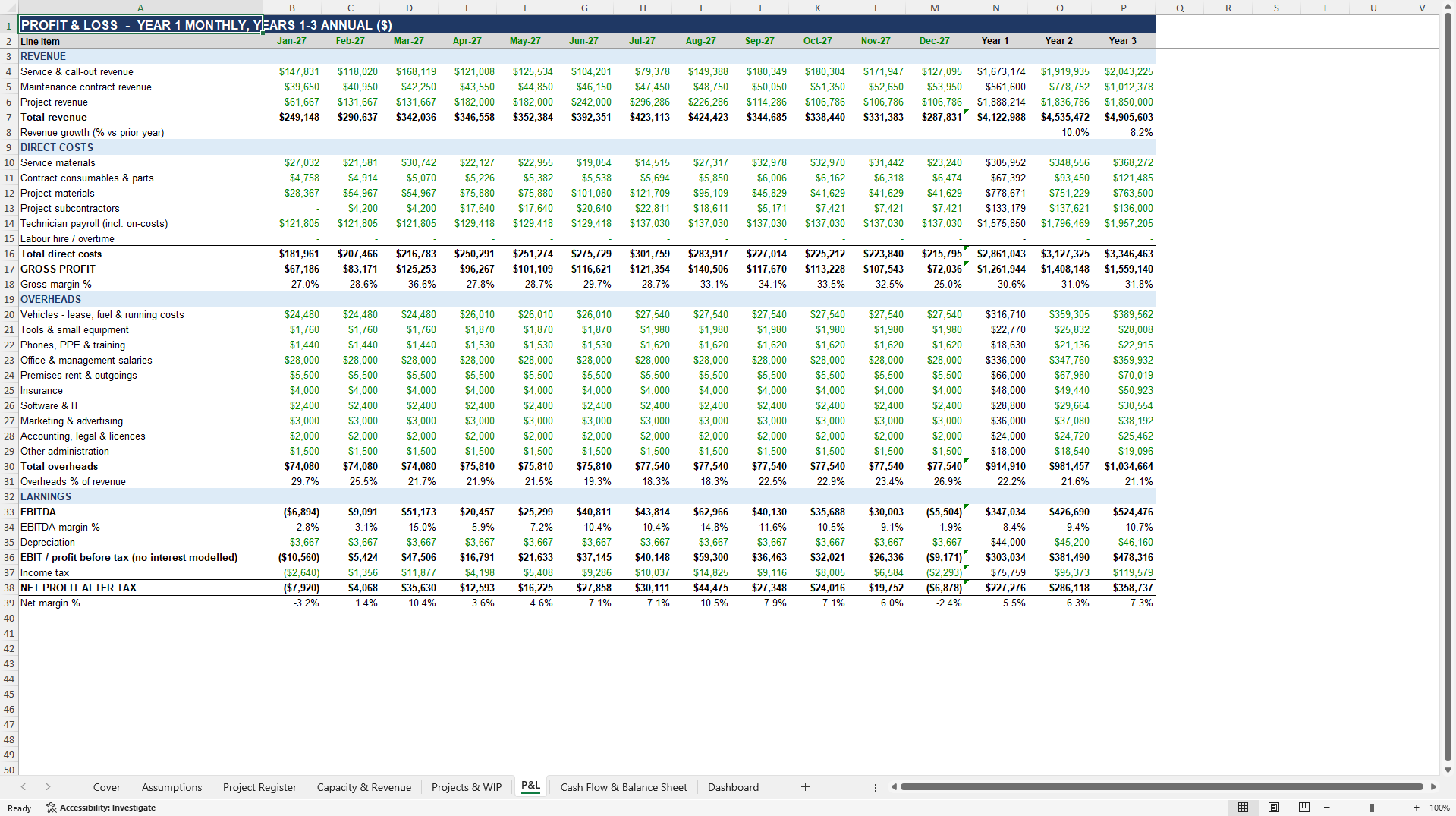 Electrical & HVAC Contractor Model: Job Margins, WIP, 3-Year (Excel template (XLSX)) Preview Image