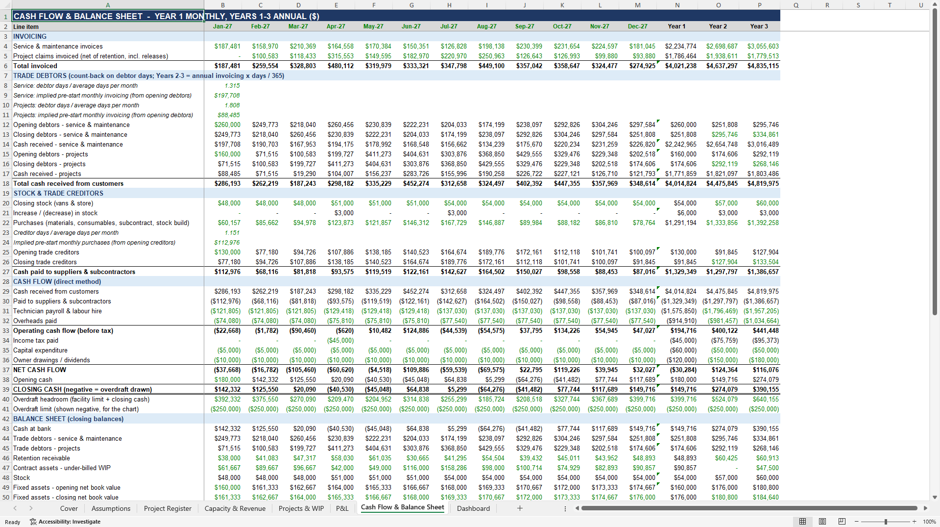 Electrical & HVAC Contractor Model: Job Margins, WIP, 3-Year (Excel template (XLSX)) Preview Image