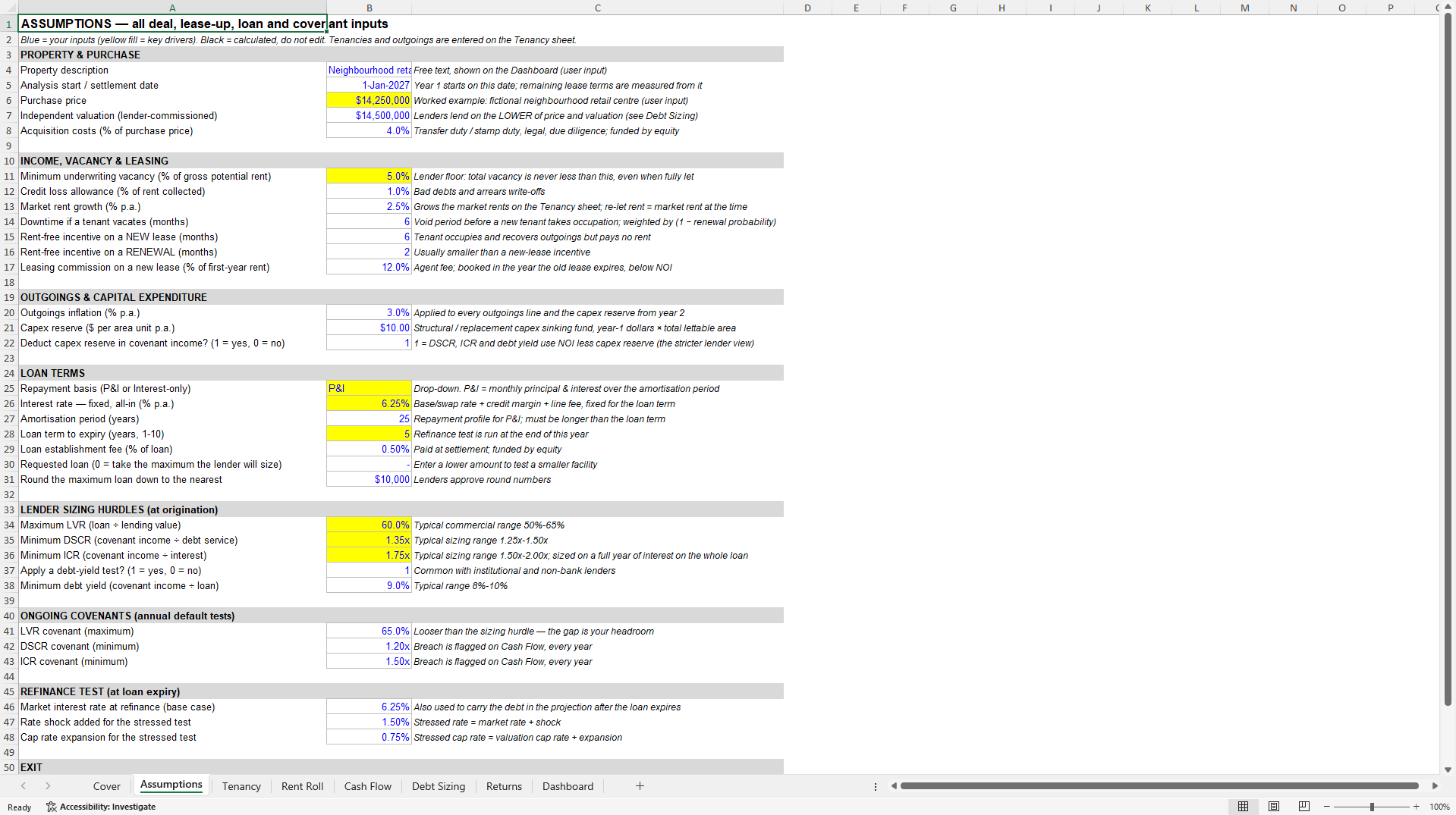 Commercial Property Debt Sizing & DSCR Model: Max Loan Test (Excel template (XLSX)) Preview Image