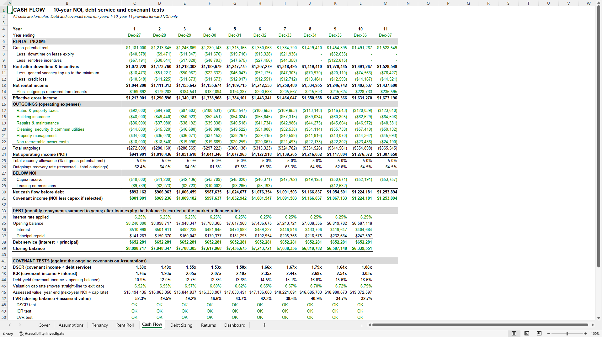 Commercial Property Debt Sizing & DSCR Model: Max Loan Test (Excel template (XLSX)) Preview Image