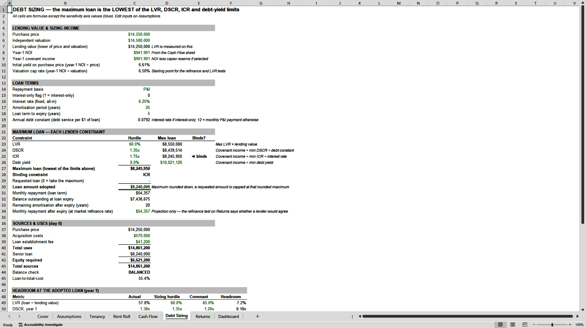 Commercial Property Debt Sizing & DSCR Model: Max Loan Test (Excel template (XLSX)) Preview Image