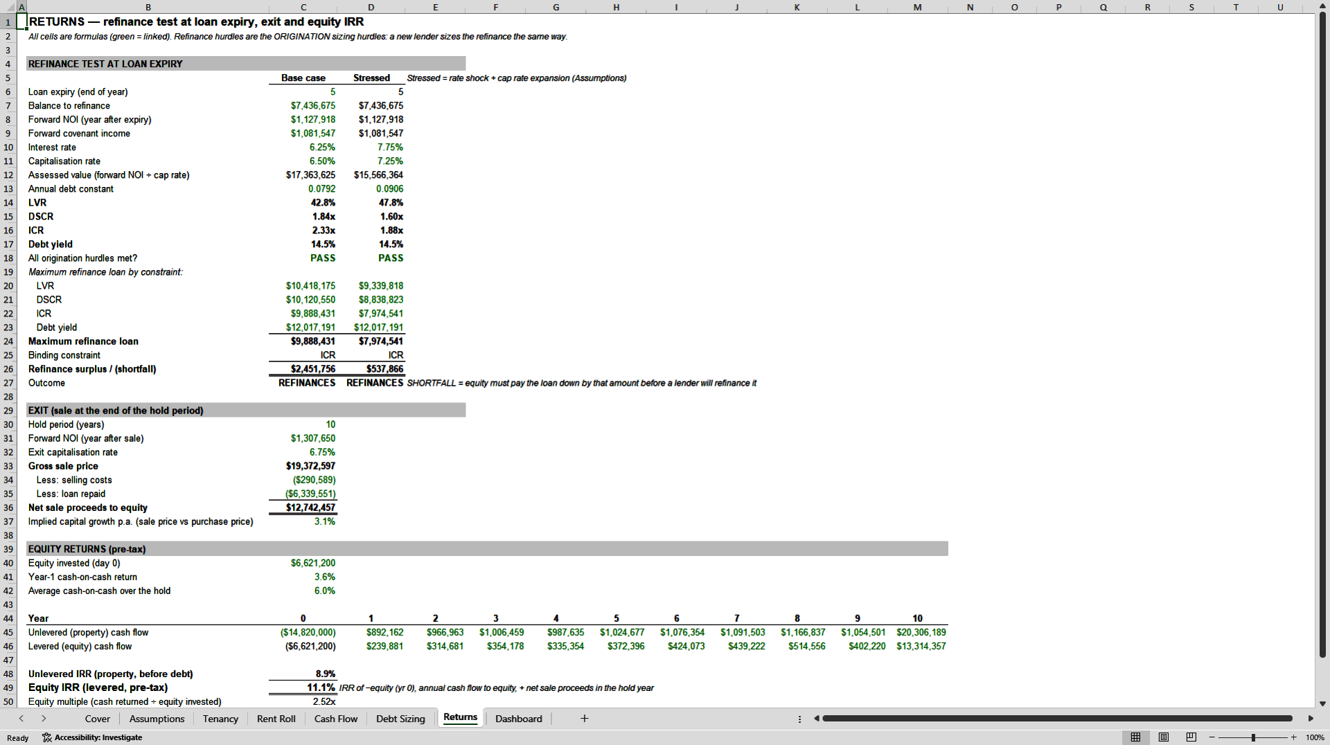 Commercial Property Debt Sizing & DSCR Model: Max Loan Test (Excel template (XLSX)) Preview Image