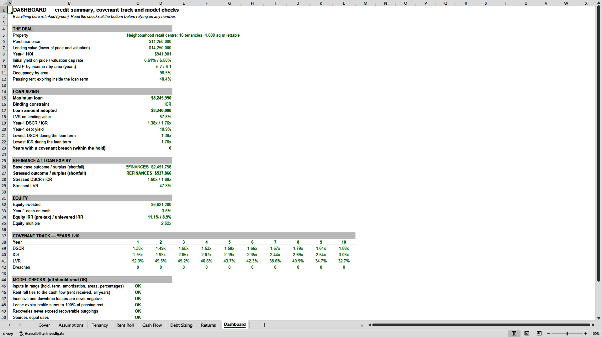 Commercial Property Debt Sizing & DSCR Model: Max Loan Test (Excel template (XLSX)) Preview Image