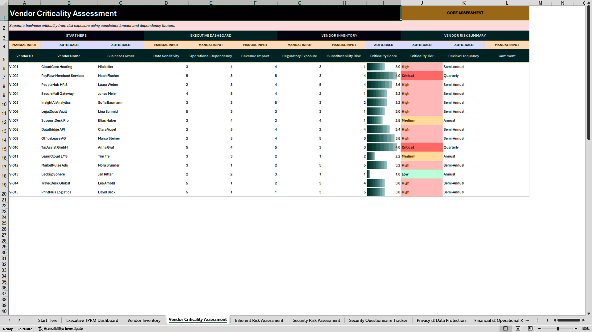 Third-Party Risk Management & Vendor Due Diligence (Excel template (XLSX)) Preview Image