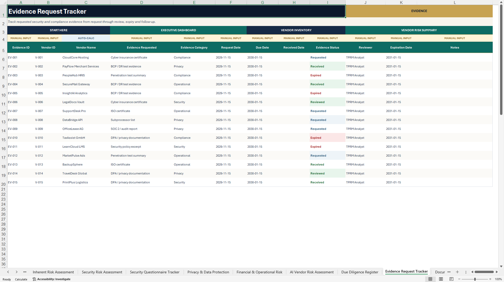 Third-Party Risk Management & Vendor Due Diligence (Excel template (XLSX)) Preview Image